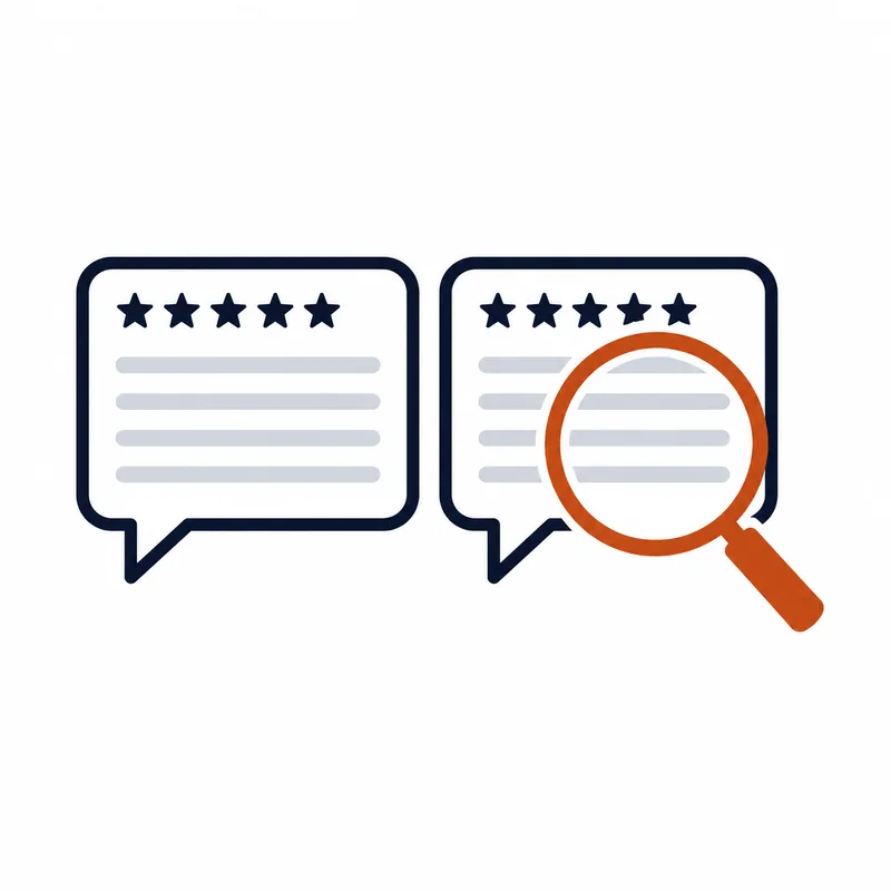 Two review cards side by side, one with repeated identical lines under a magnifying glass